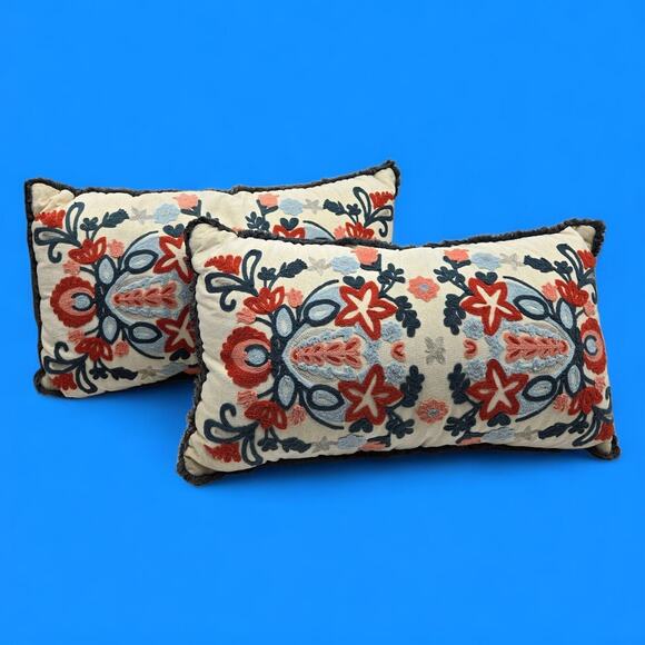 Set of 2 Embroidered Fringed Bold Floral Lumbar Throw Pillows Approx. 24x13x4" - Picture 14 of 16